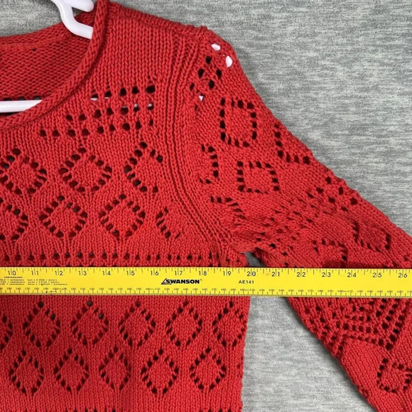 Talbots Womens Lp Red Pointelle Open Knit Sweater 3/4 Sleeve Lattice Diamond Top - Picture 8 of 14